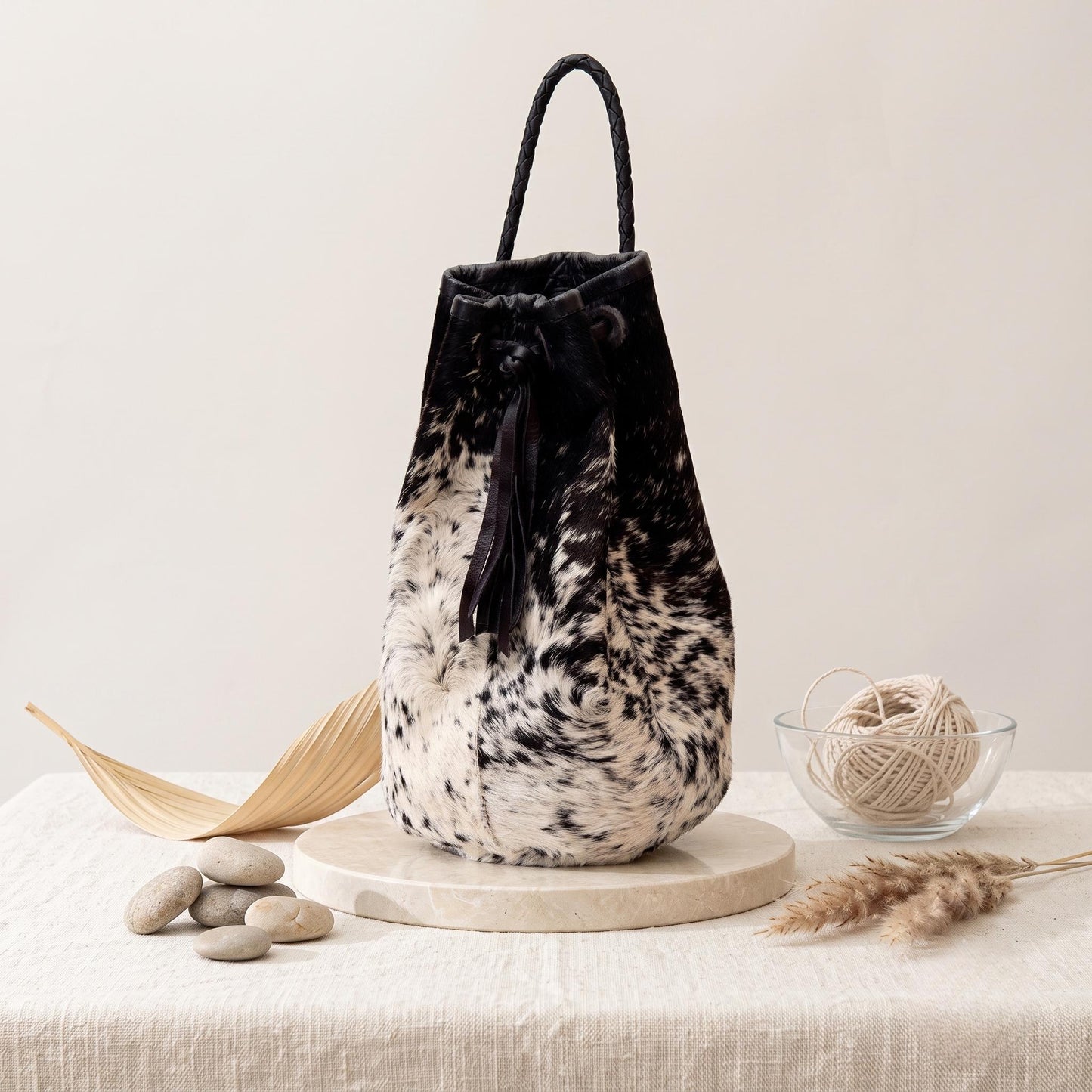 Natural Black & Cream Speckled Hair-On Cowhide Drawstring Bucket Bag