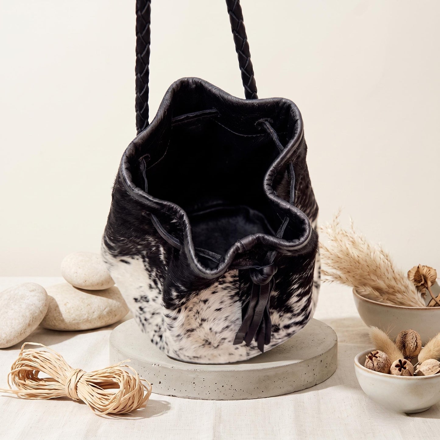 Natural Black & Cream Speckled Hair-On Cowhide Drawstring Bucket Bag
