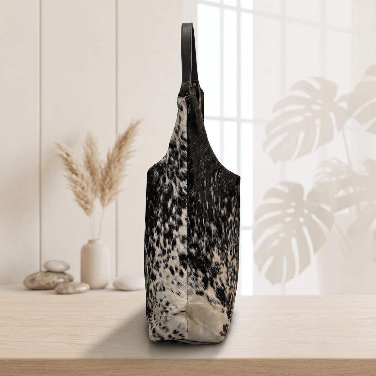 Natural Black & Cream Speckled Hair-On Cowhide Leather Hobo Bag