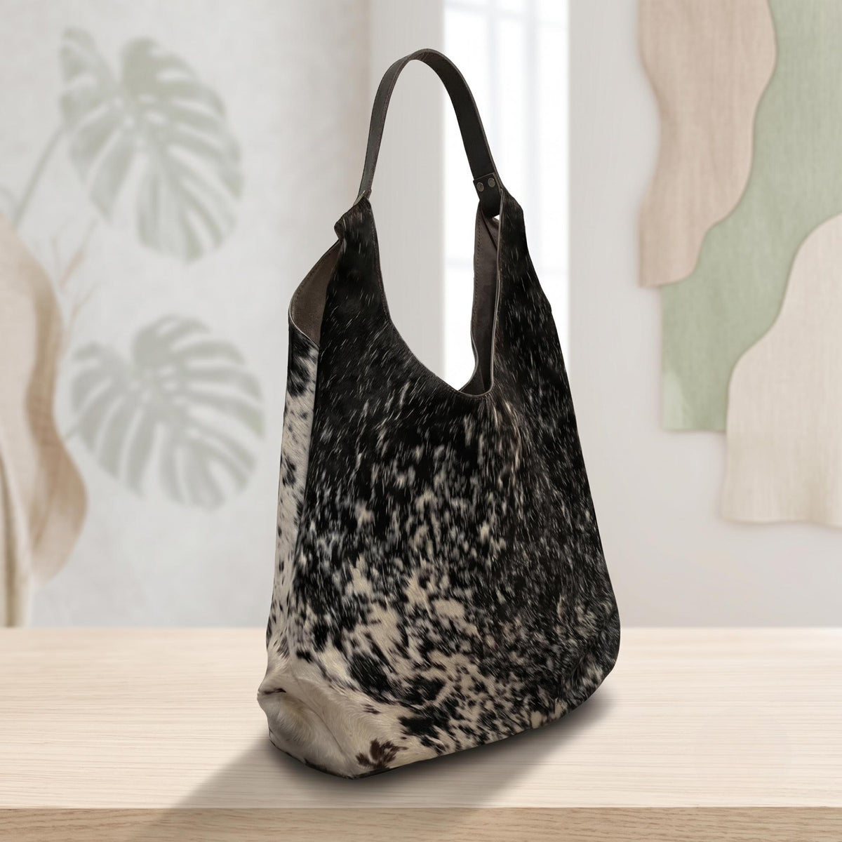 Natural Black & Cream Speckled Hair-On Cowhide Leather Hobo Bag