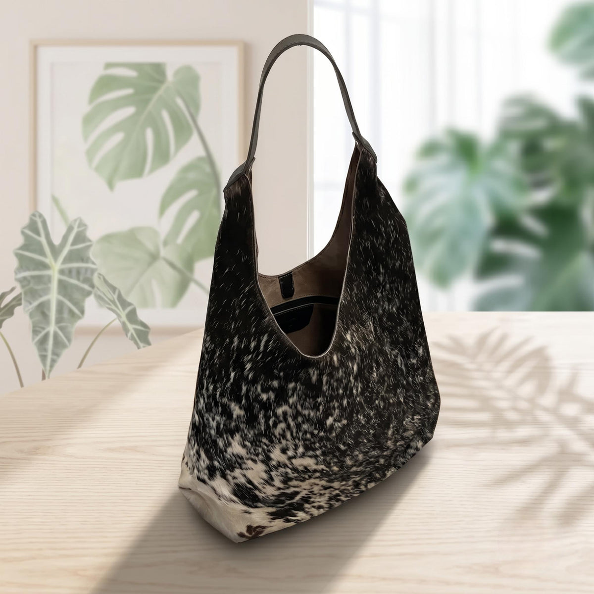 Natural Black & Cream Speckled Hair-On Cowhide Leather Hobo Bag