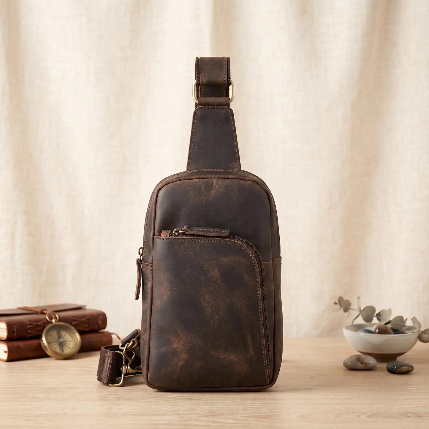 Vintage Full Grain Leather Sling Bag | Handcrafted Crossbody Backpack