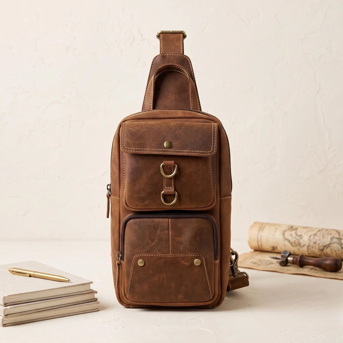 Handcrafted Leather Sling Bag – Vintage Crossbody Backpack for Men