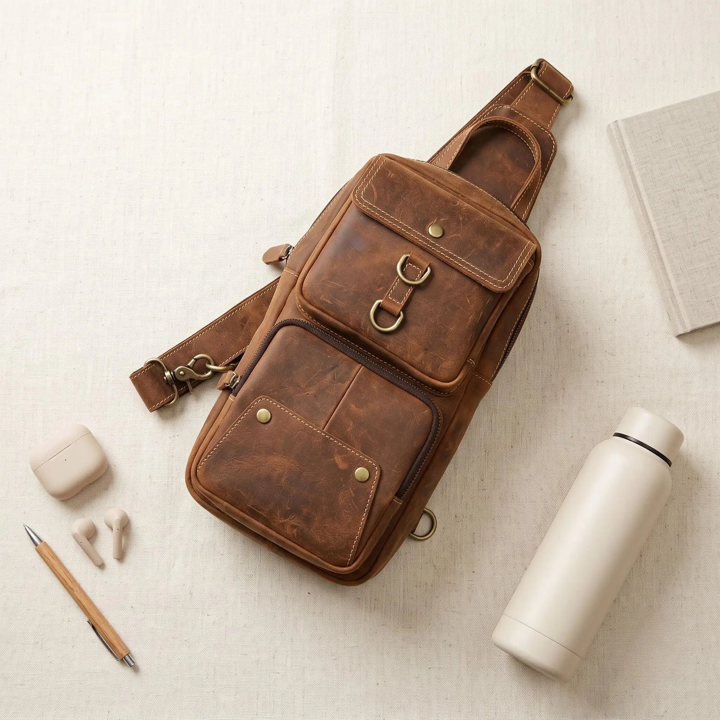 Handcrafted Leather Sling Bag – Vintage Crossbody Backpack for Men