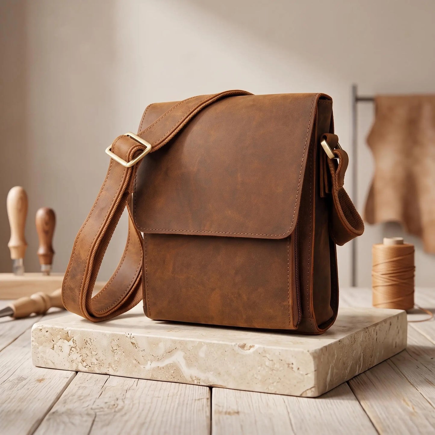 Vintage Full-Grain Leather Messenger Bag – Handmade Crossbody Satchel for iPad & Essentials