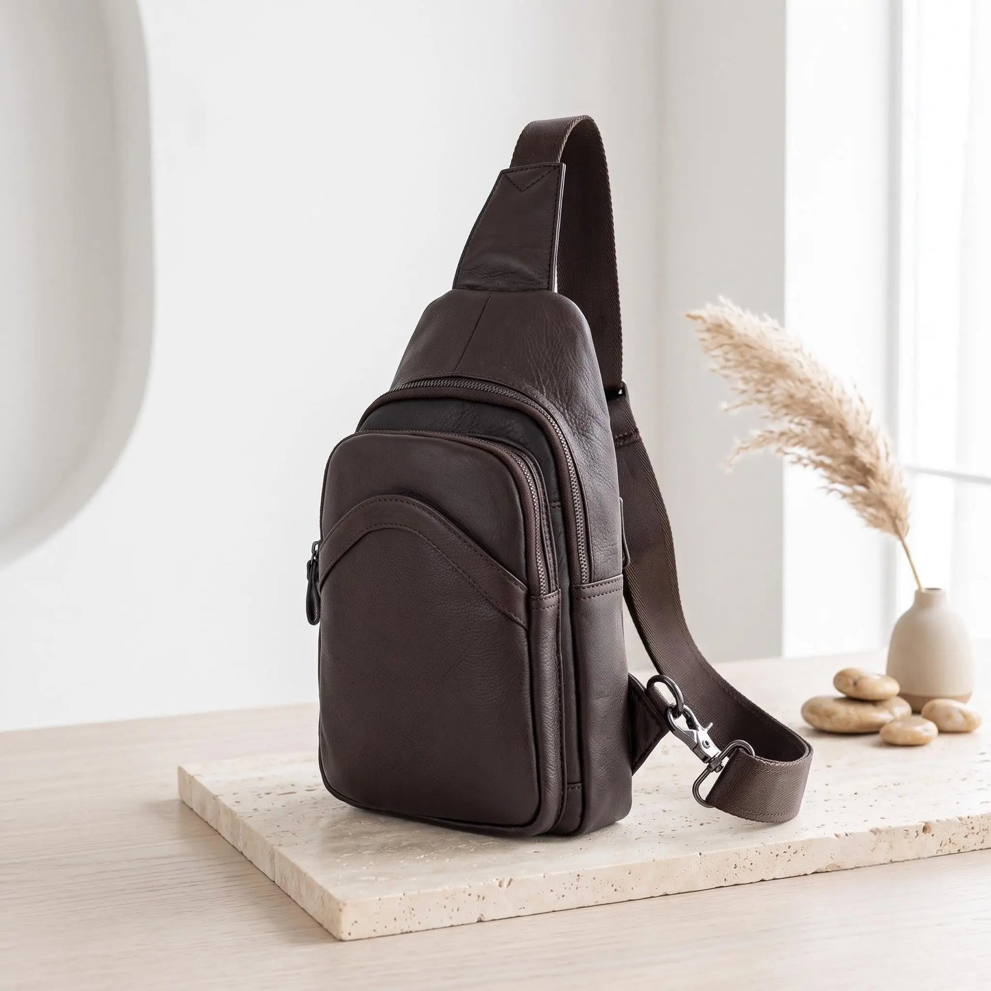 Vintage Full Grain Leather Sling Bag for Men – Everyday Crossbody Chest Pack