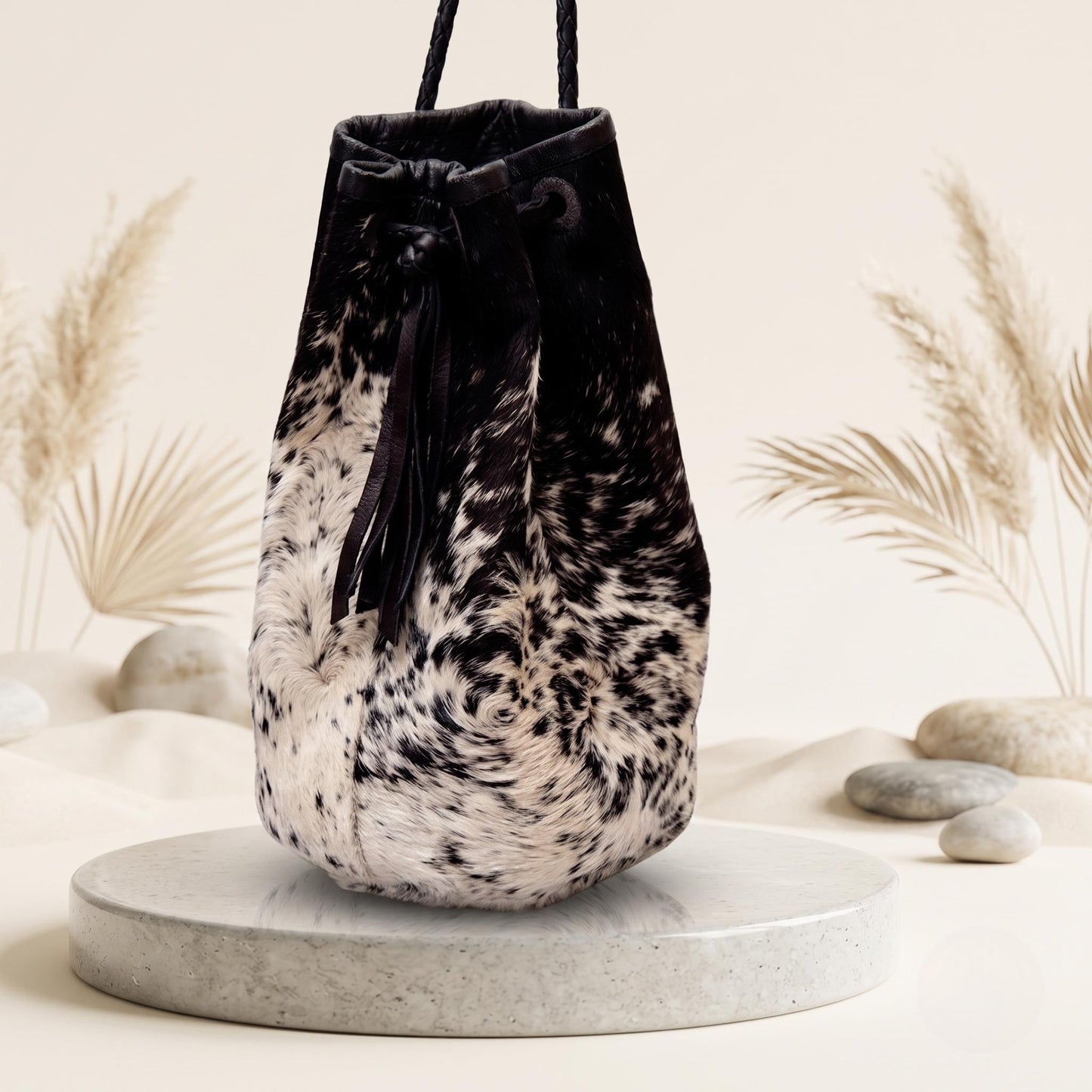 Natural Black & Cream Speckled Hair-On Cowhide Drawstring Bucket Bag