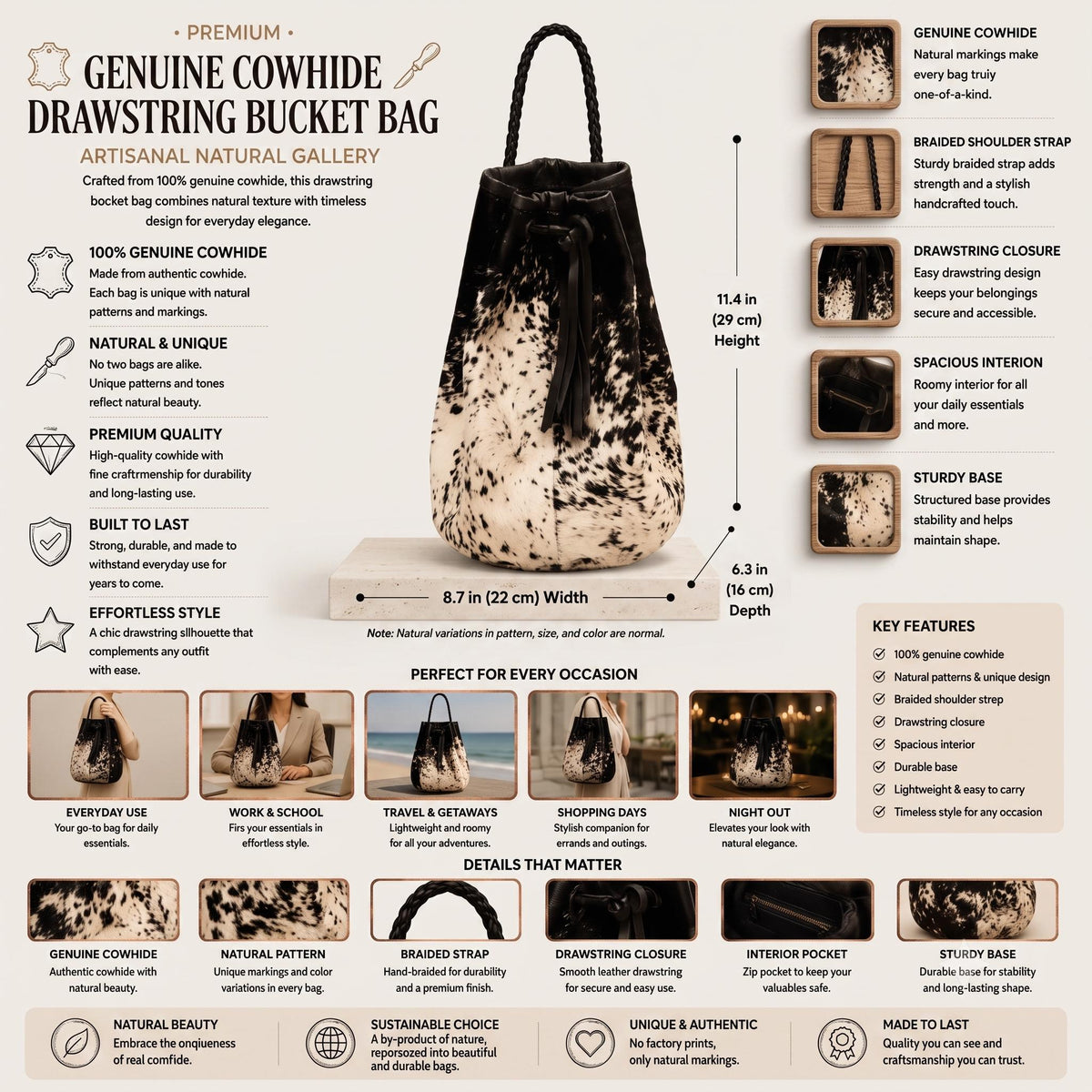 Natural Black & Cream Speckled Hair-On Cowhide Drawstring Bucket Bag