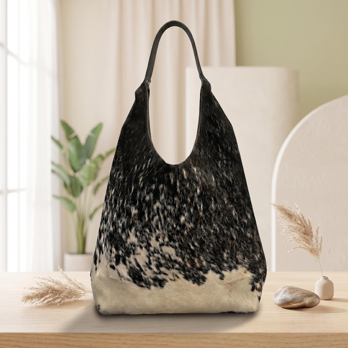 Natural Black & Cream Speckled Hair-On Cowhide Leather Hobo Bag