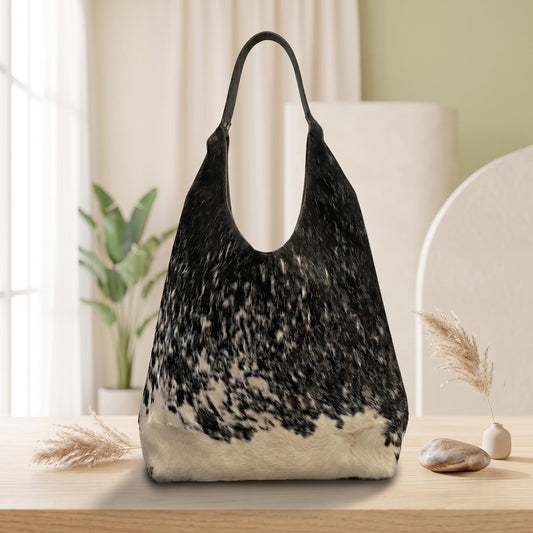 Natural Black & Cream Speckled Hair-On Cowhide Leather Hobo Bag