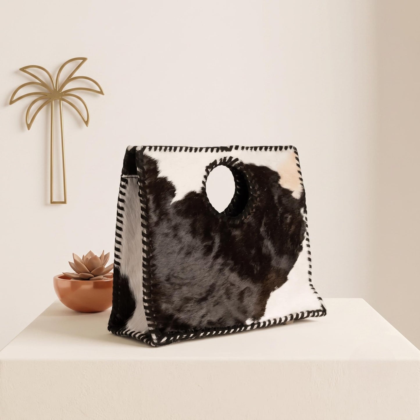 Natural Dark Brown & White Hair-On Cowhide Leather Handbag | Handmade Western Tote Bag