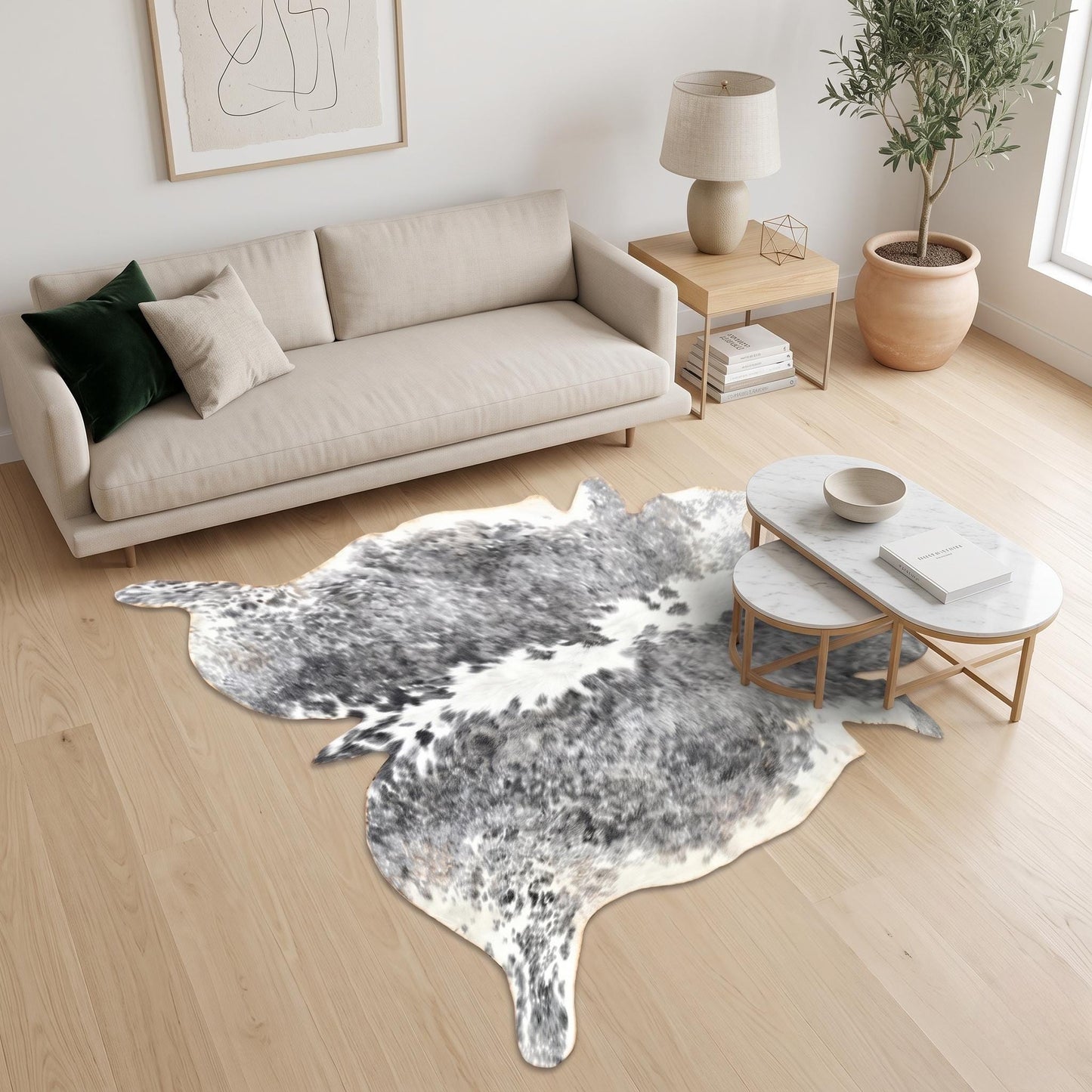 Natural Grey & White Cowhide Rug – Handmade Hair-On Cow Skin Area Rug