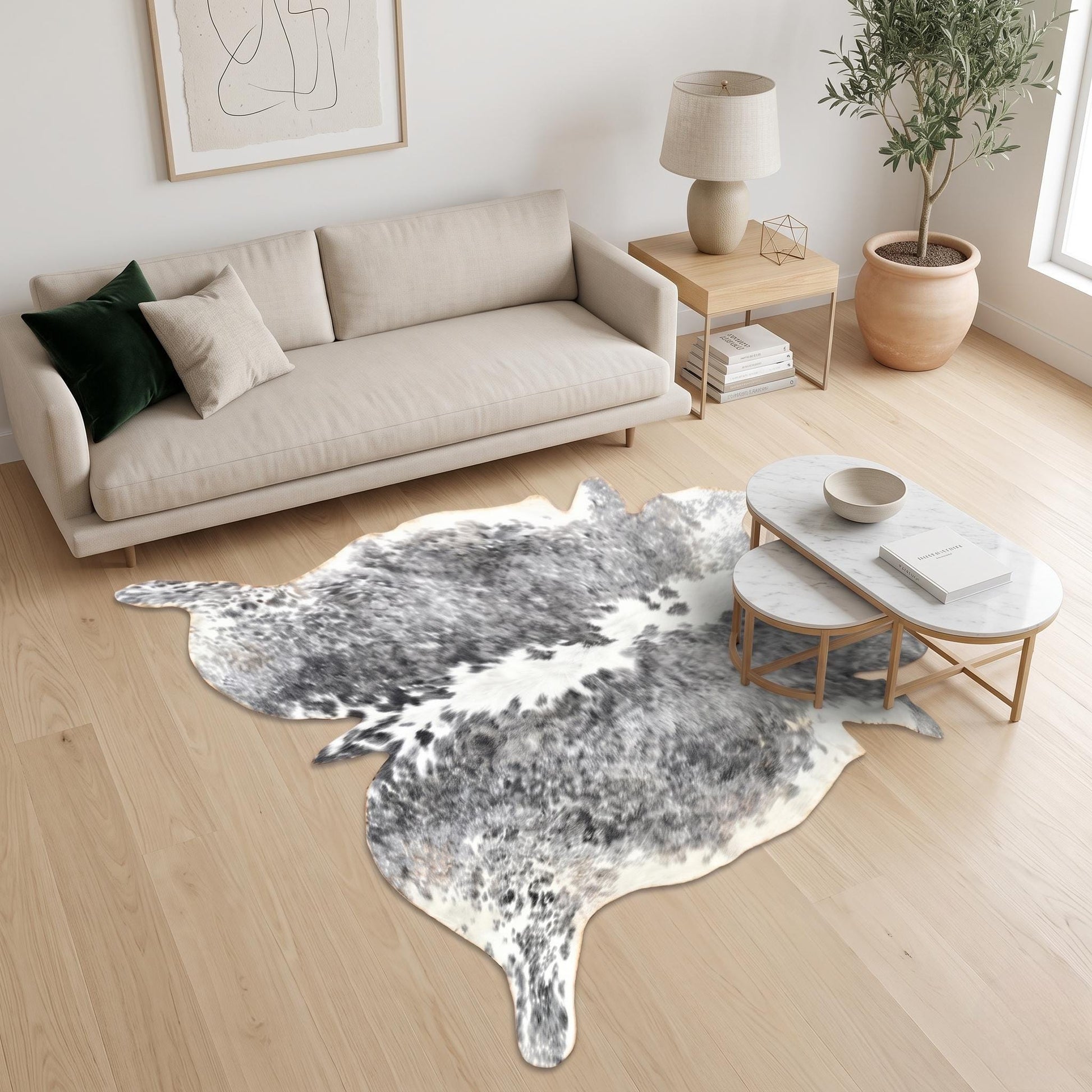 Natural Grey & White Cowhide Rug – Handmade Hair-On Cow Skin Area Rug