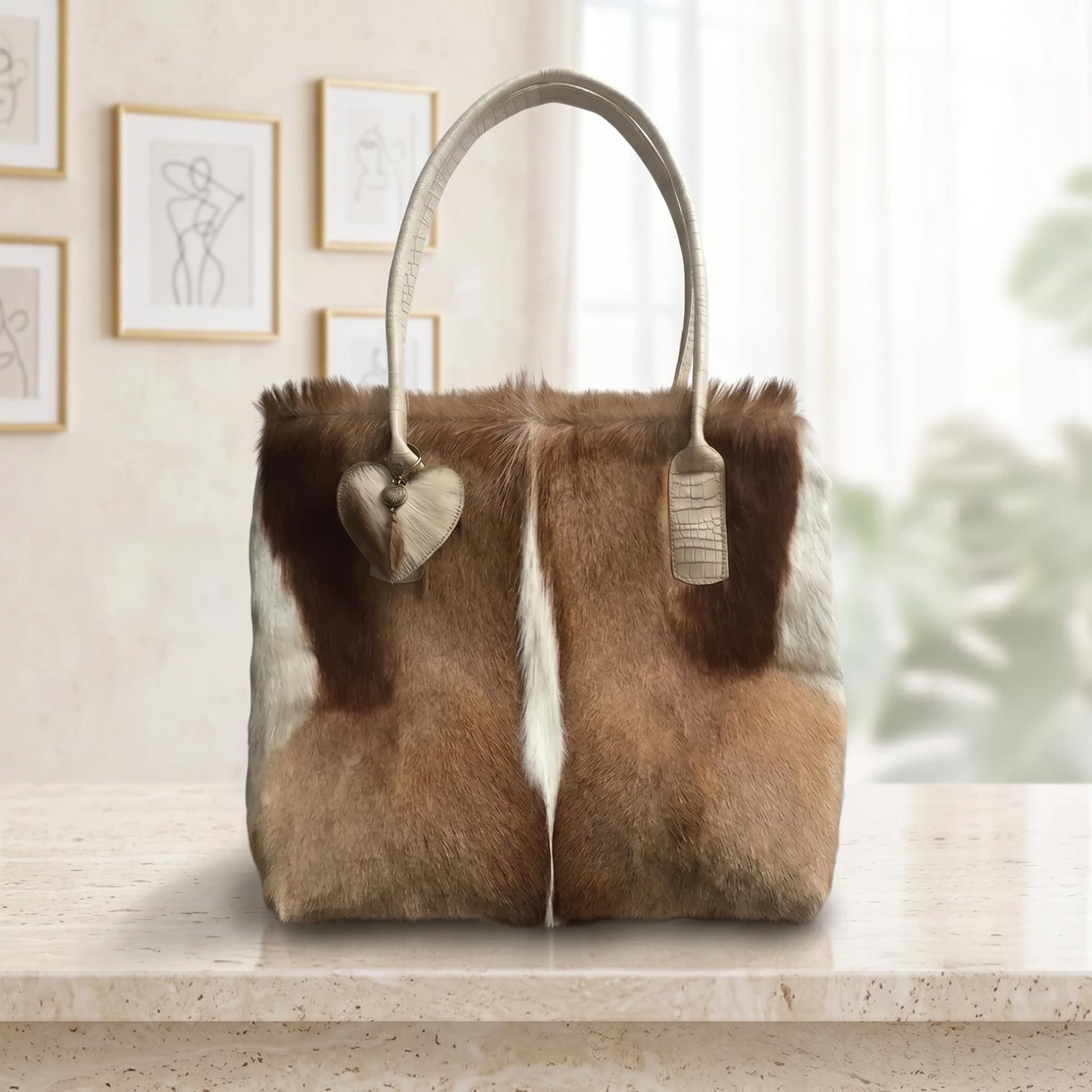 Natural Tan Brown Hair-On Cowhide Leather Tote Bag