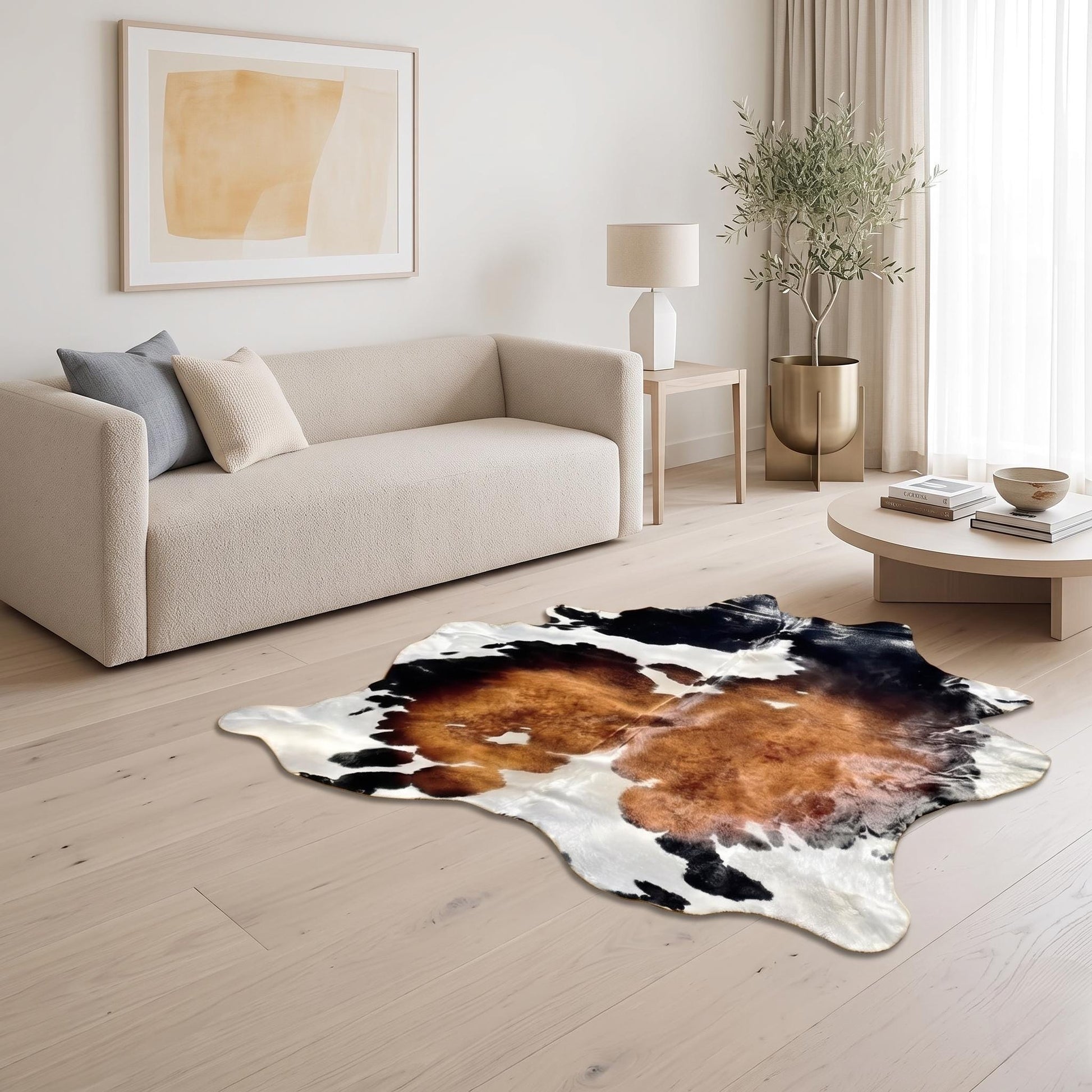 Natural Tricolor Black, Brown & White Cowhide Rug – Handmade Hair-On Cow Skin Area Rug