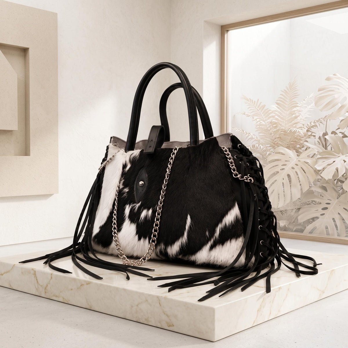 Natural Black & White Fringe Hair-On Cowhide Leather Bag