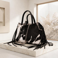 Natural Black & White Fringe Hair-On Cowhide Leather Bag