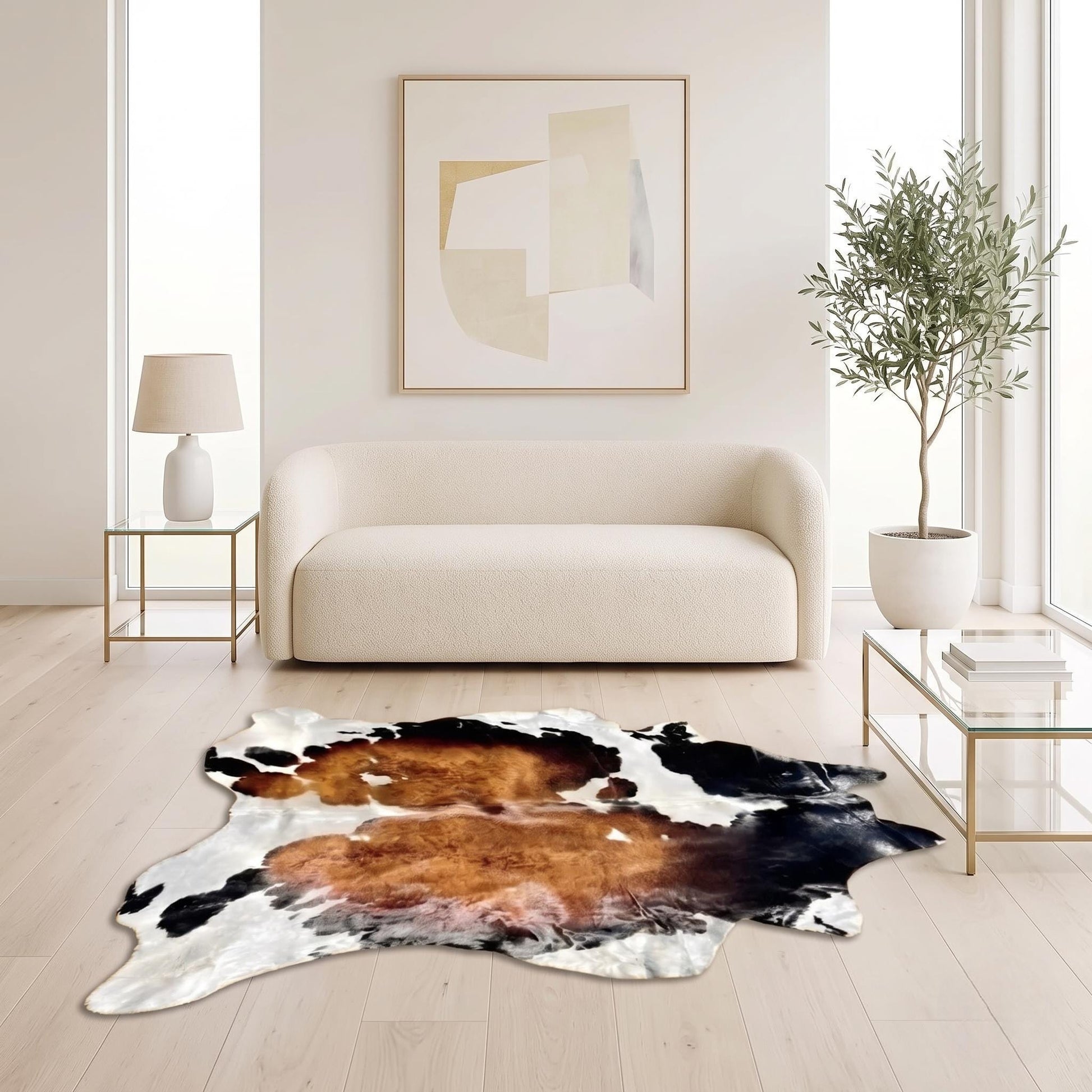 Natural Tricolor Black, Brown & White Cowhide Rug – Handmade Hair-On Cow Skin Area Rug