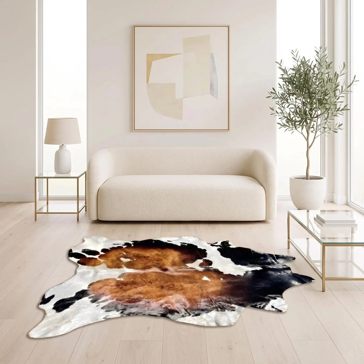 Natural Tricolor Black, Brown & White Cowhide Rug – Handmade Hair-On Cow Skin Area Rug