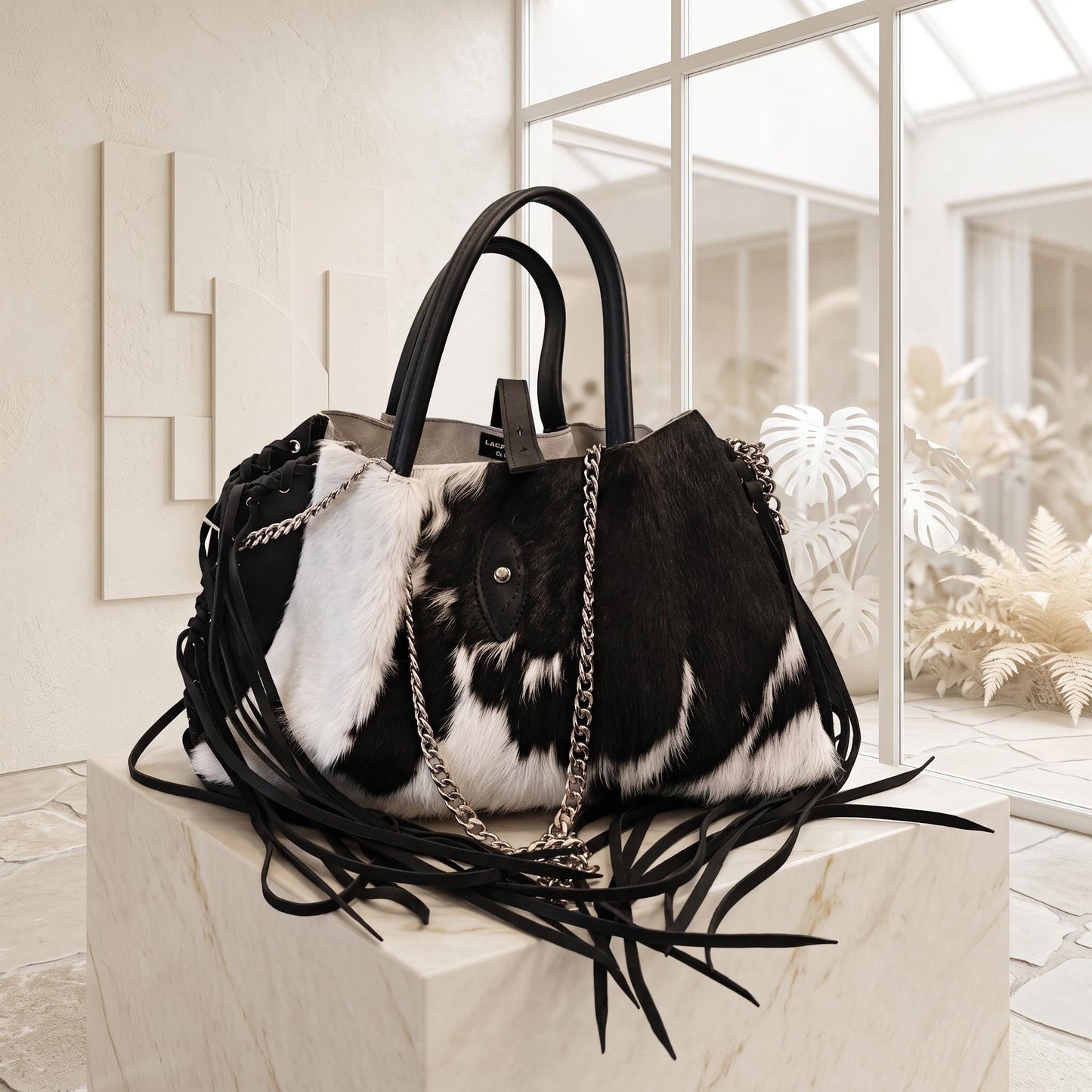 Natural Black & White Fringe Hair-On Cowhide Leather Bag