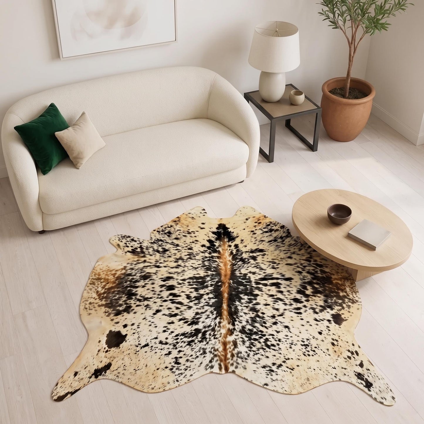 Natural Speckled Tan Brown & White Cowhide Rug – Handmade Hair-On Cow Skin Area Rug