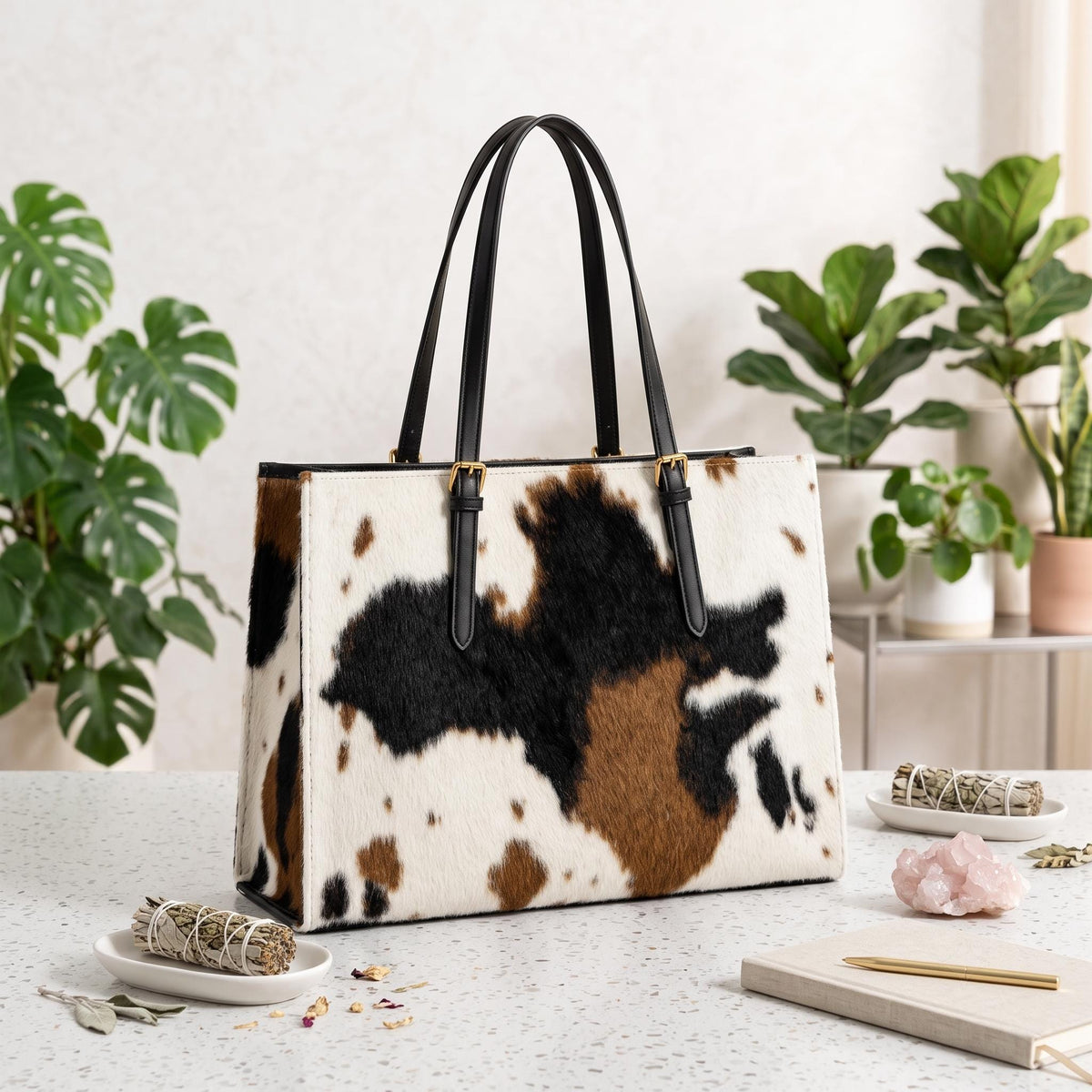 Natural Tricolor Cowhide Leather Tote Bag | Handmade Hair-On Leather Handbag