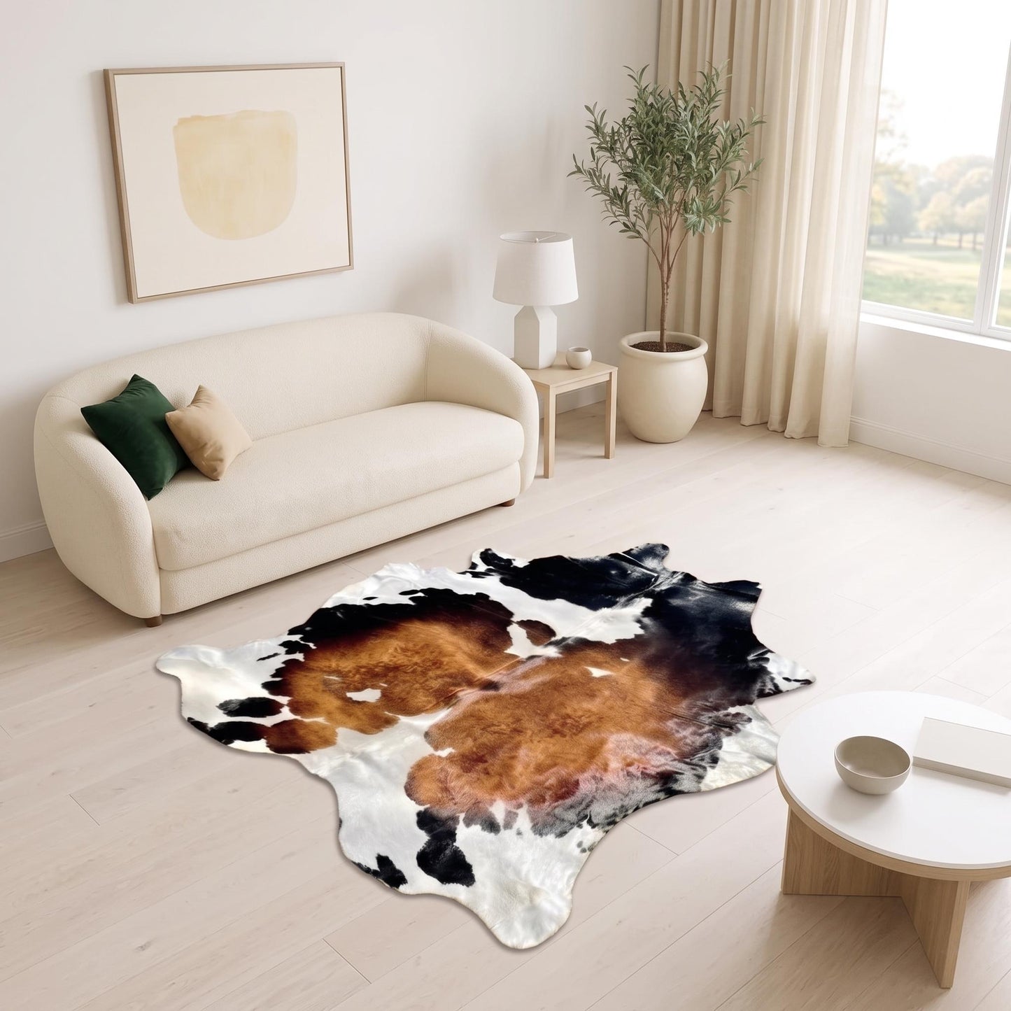 Natural Tricolor Black, Brown & White Cowhide Rug – Handmade Hair-On Cow Skin Area Rug