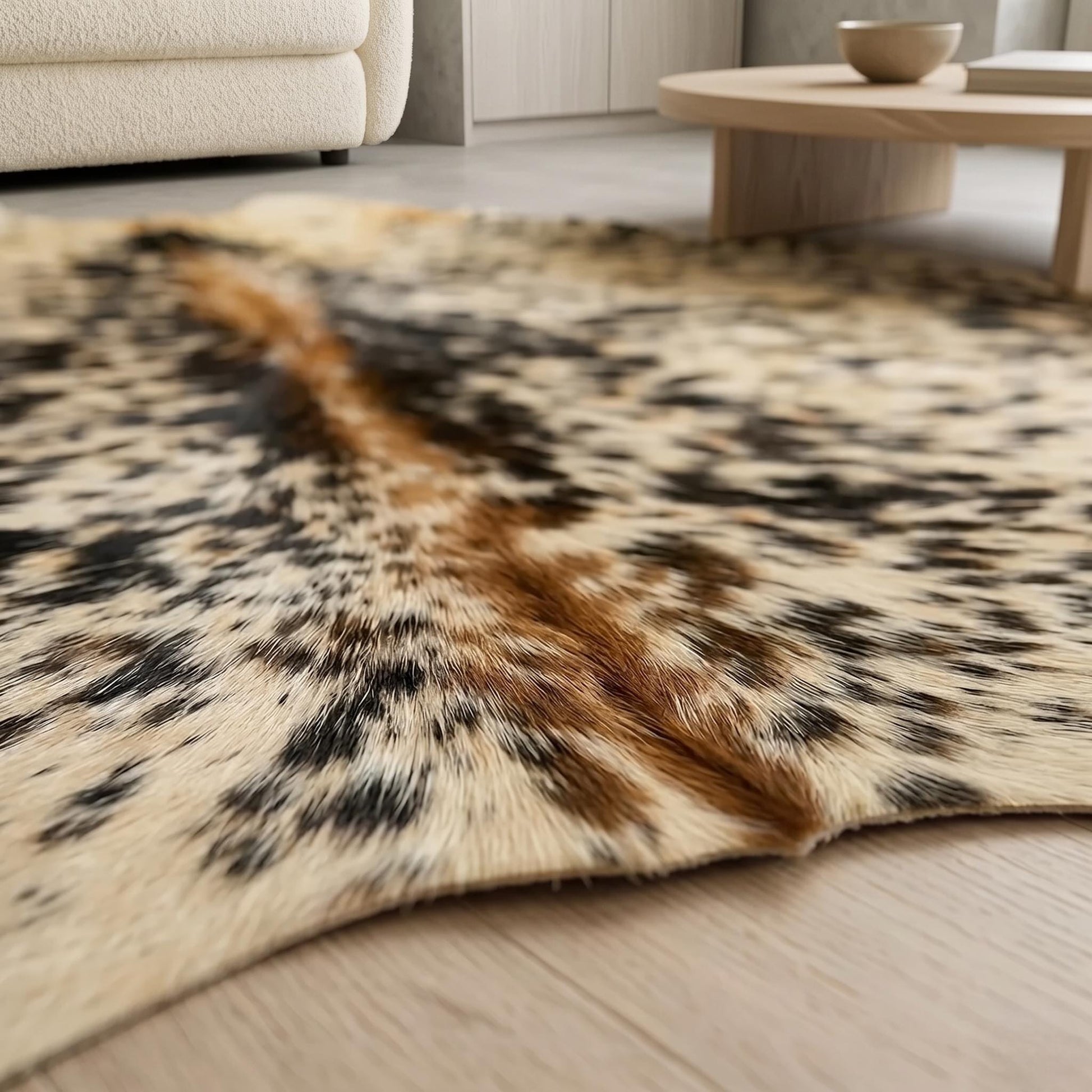 Natural Speckled Tan Brown & White Cowhide Rug – Handmade Hair-On Cow Skin Area Rug