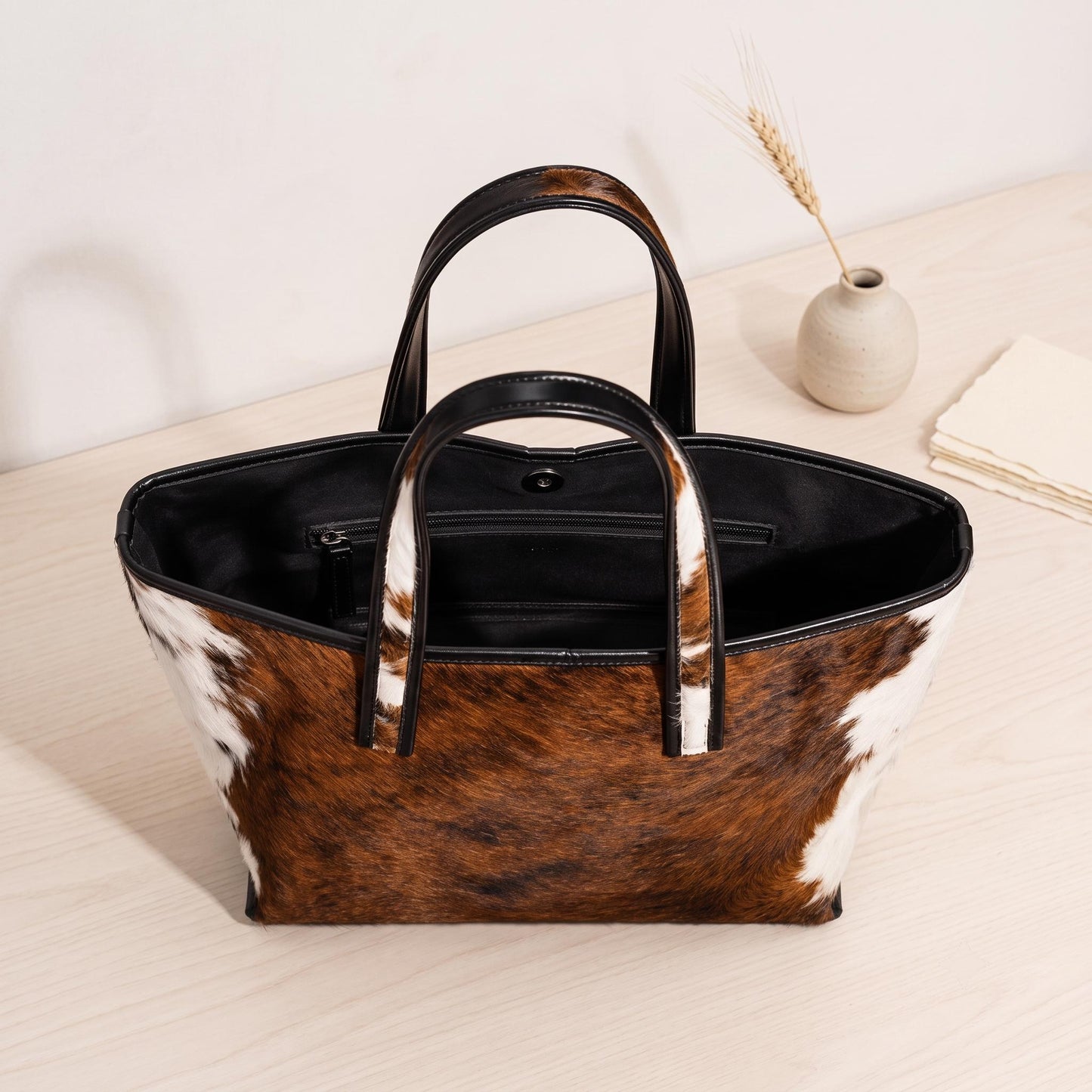 Natural Brown & White Hair-On Cowhide Leather Tote Bag