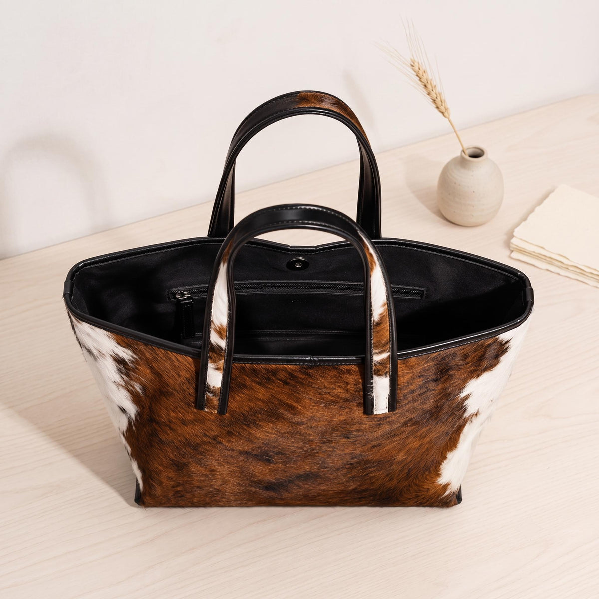 Natural Brown & White Hair-On Cowhide Leather Tote Bag