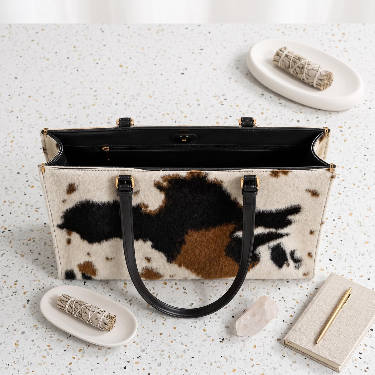 Natural Tricolor Cowhide Leather Tote Bag | Handmade Hair-On Leather Handbag
