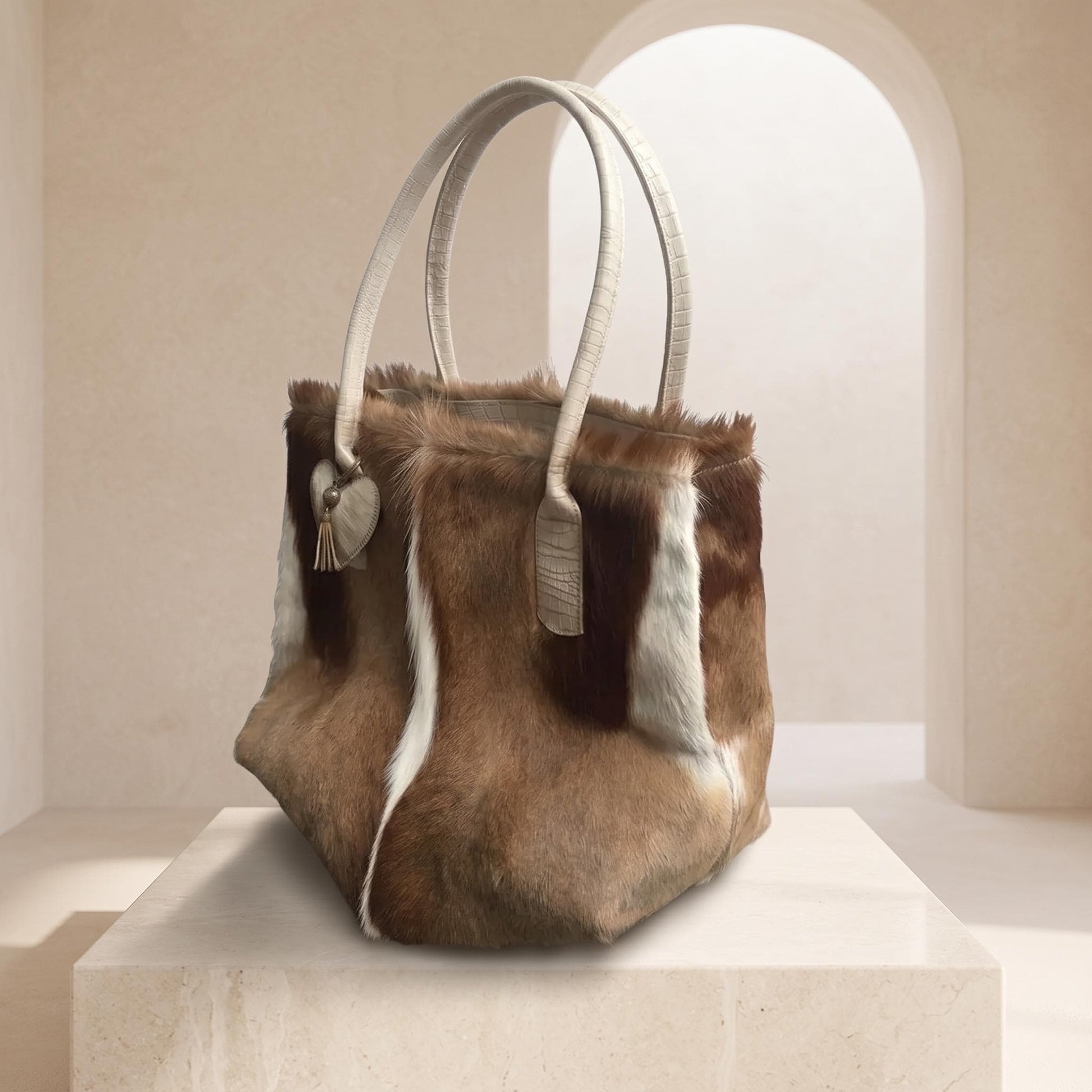 Natural Tan Brown Hair-On Cowhide Leather Tote Bag