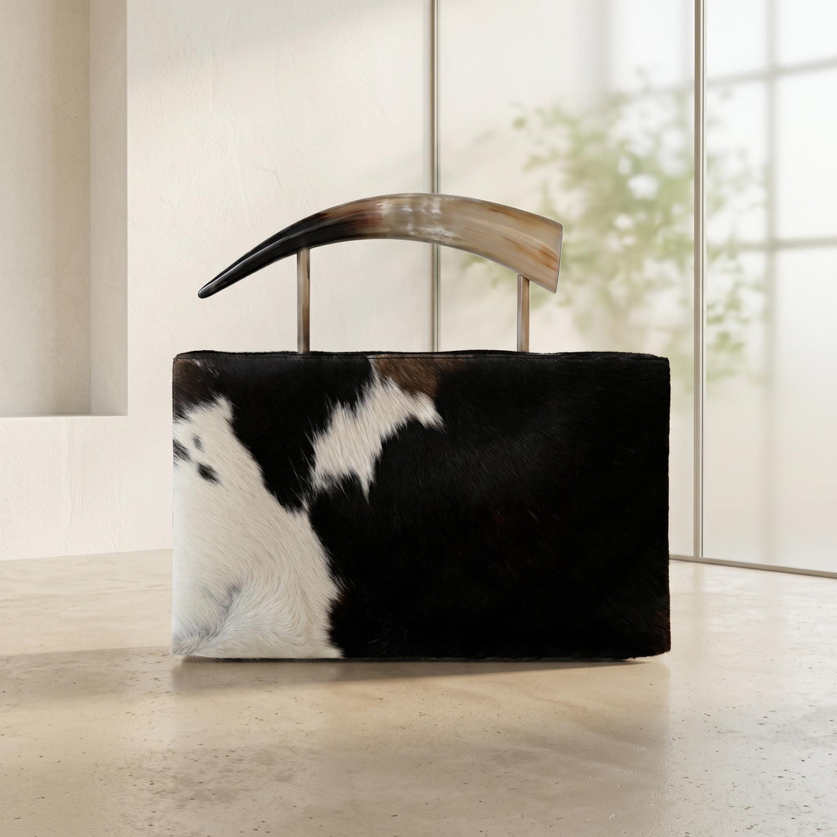 Natural Black & White Hair-On Cowhide Leather Bag with Authentic Horn Handle