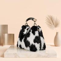 Natural Black & White Fluffy Hair-On Cowhide Leather Bag | Handmade Genuine Leather Handbag