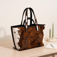 Natural Brown & White Hair-On Cowhide Leather Tote Bag
