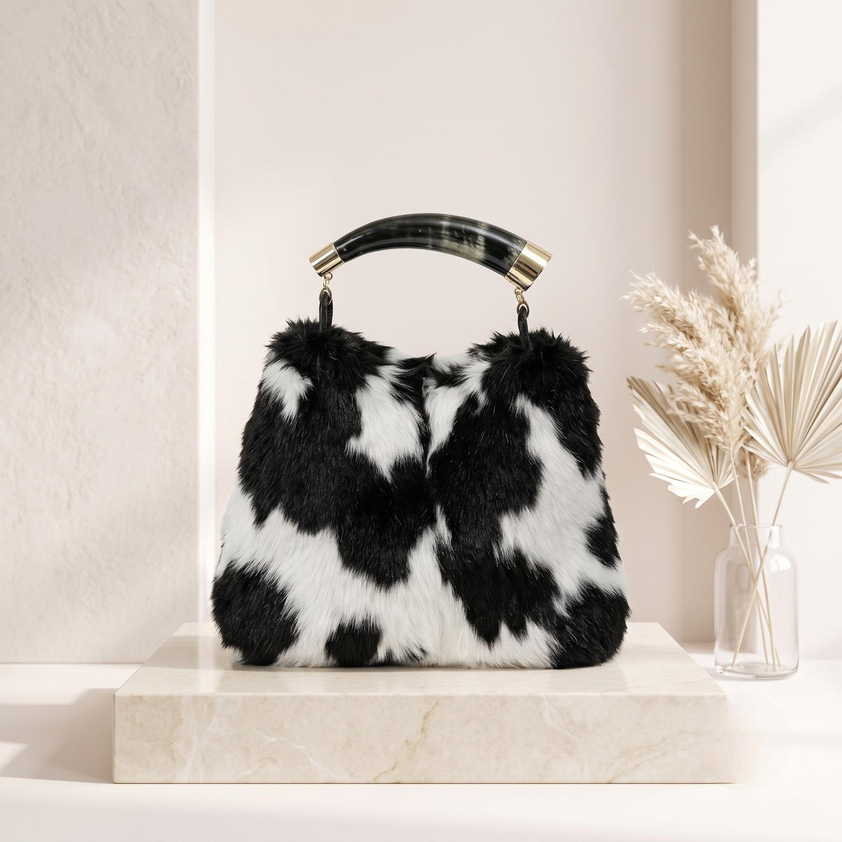 Natural Black & White Fluffy Hair-On Cowhide Leather Bag | Handmade Genuine Leather Handbag