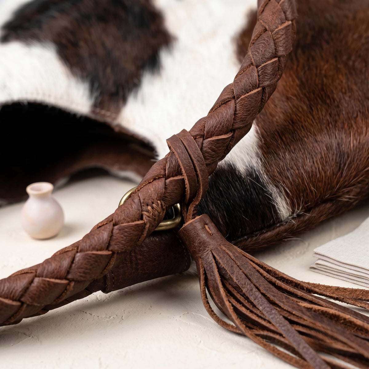 Natural Brown & White Hair-On Cowhide Leather Hobo Bag