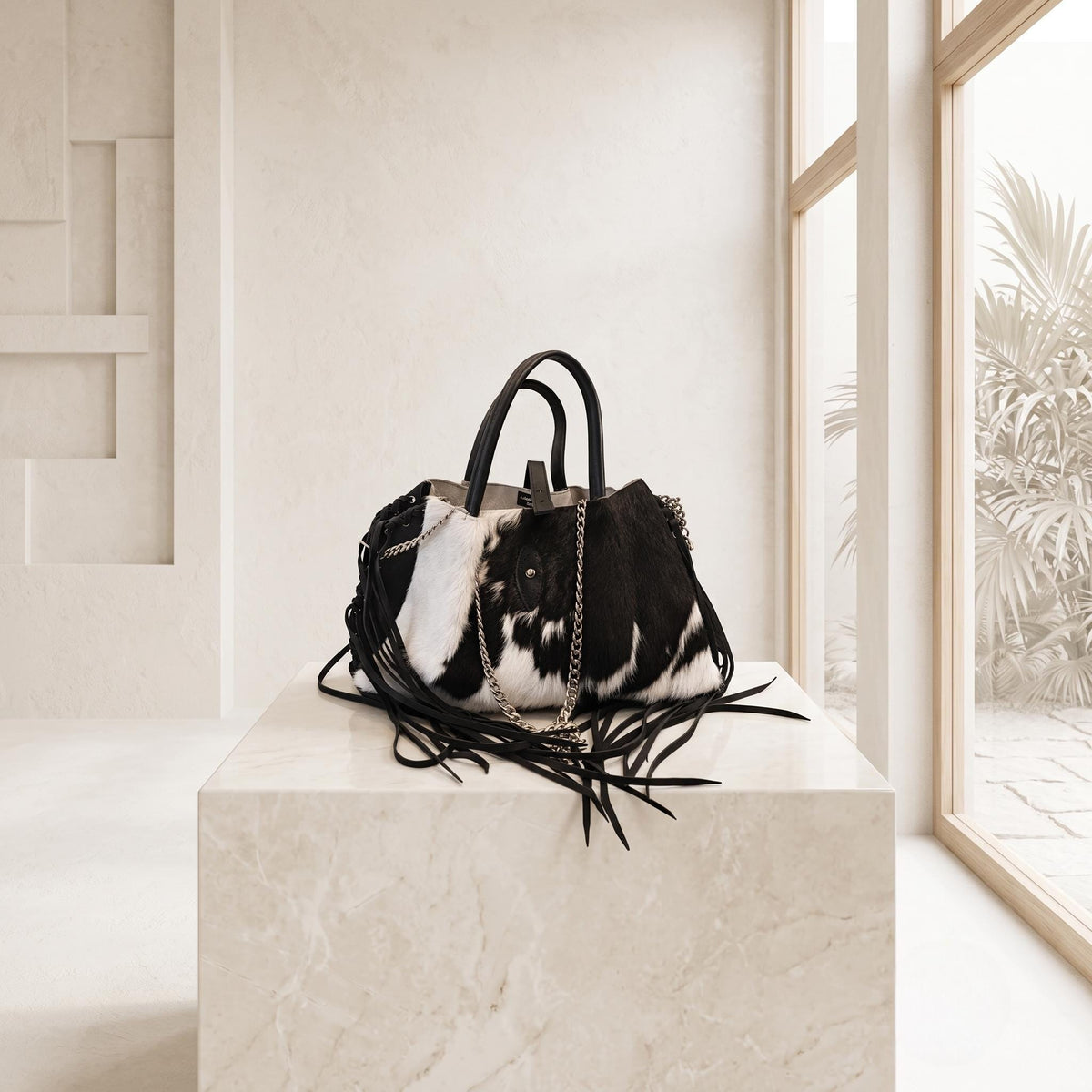 Natural Black & White Fringe Hair-On Cowhide Leather Bag