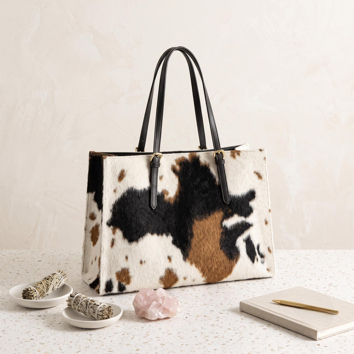 Natural Tricolor Cowhide Leather Tote Bag | Handmade Hair-On Leather Handbag