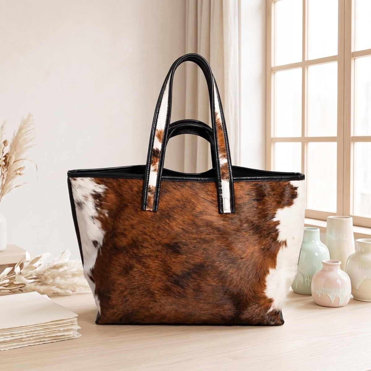 Natural Brown & White Hair-On Cowhide Leather Tote Bag
