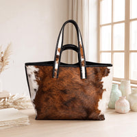 Natural Brown & White Hair-On Cowhide Leather Tote Bag