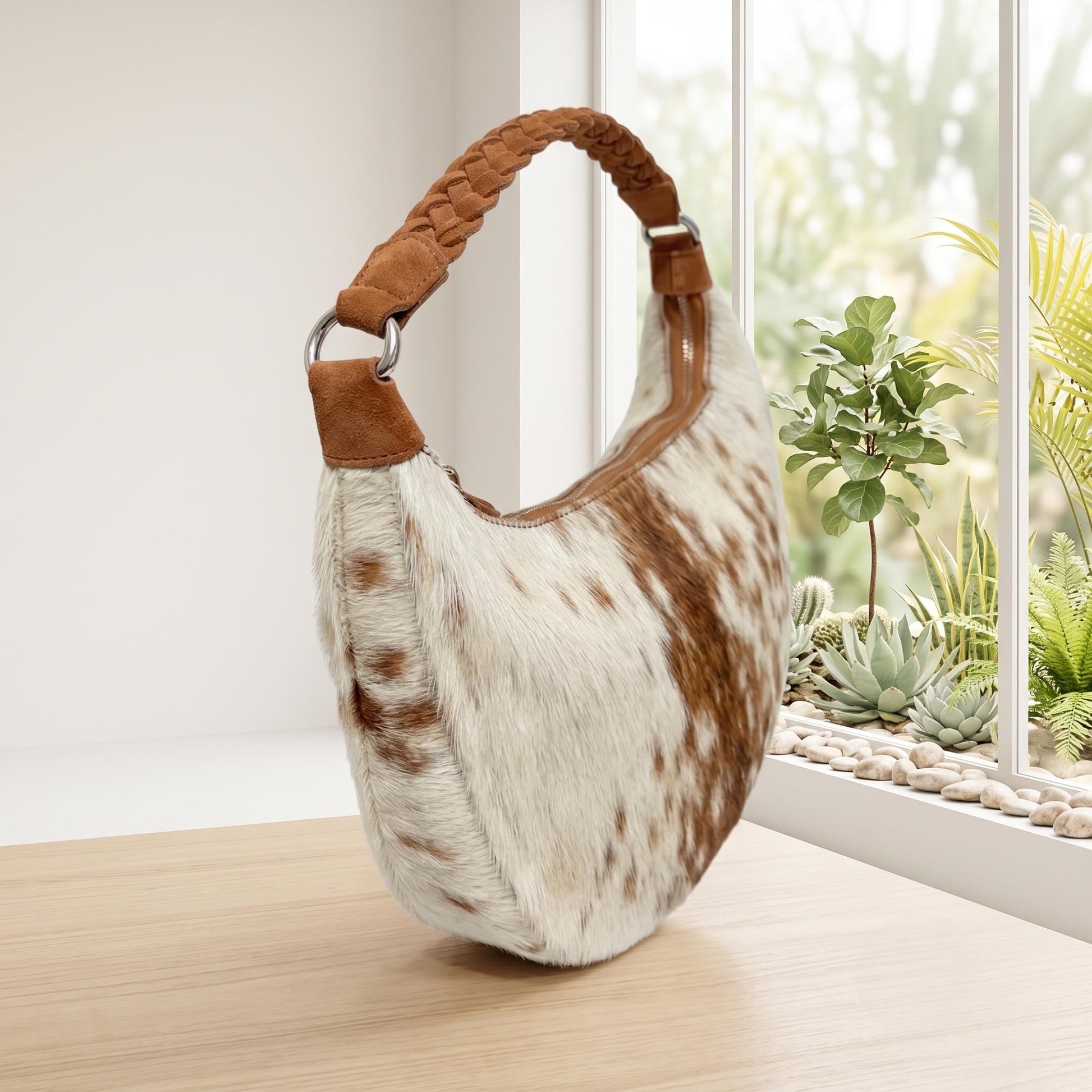 Natural Tan Brown & White Speckled Hair-On Cowhide Leather Shoulder Bag