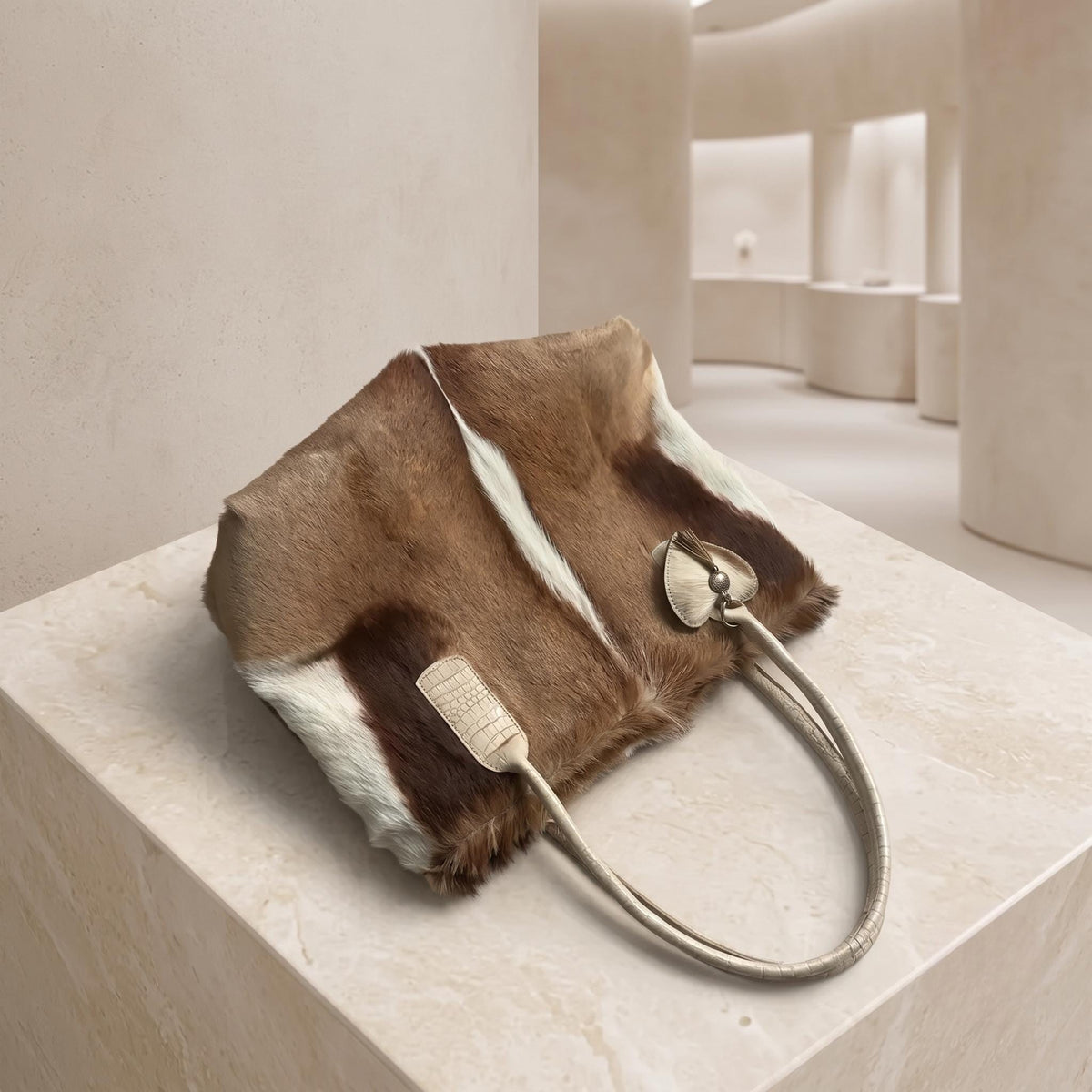 Natural Tan Brown Hair-On Cowhide Leather Tote Bag