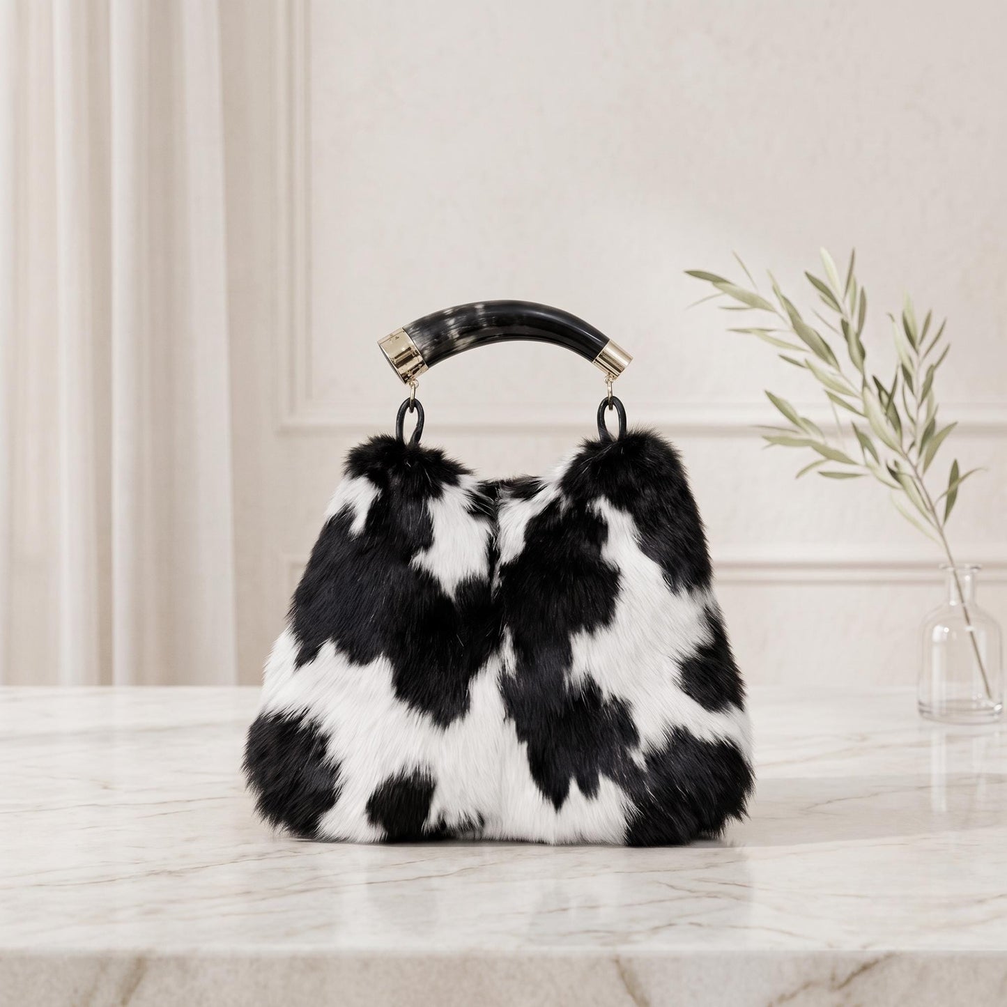 Natural Black & White Fluffy Hair-On Cowhide Leather Bag | Handmade Genuine Leather Handbag