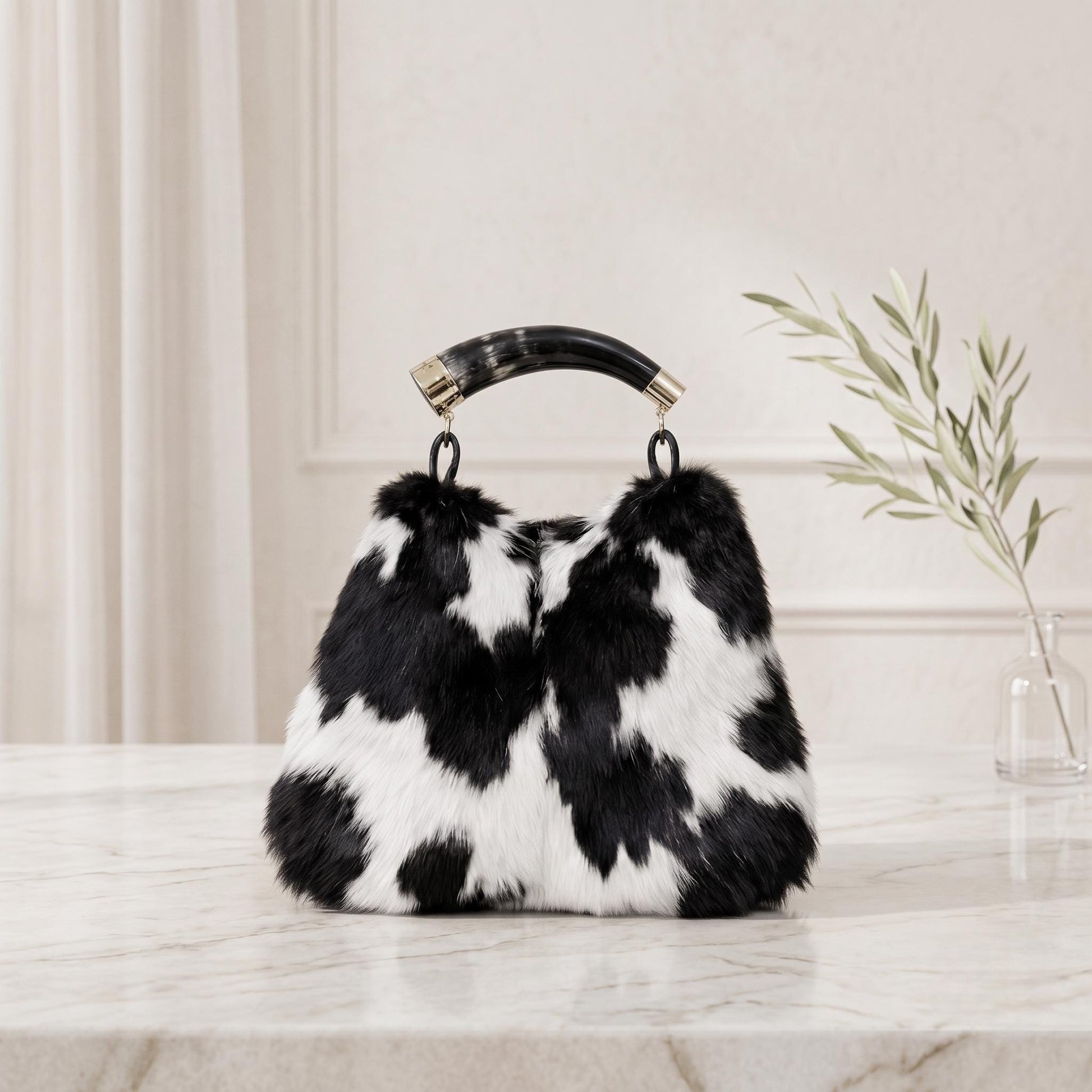 Natural Black & White Fluffy Hair-On Cowhide Leather Bag | Handmade Genuine Leather Handbag