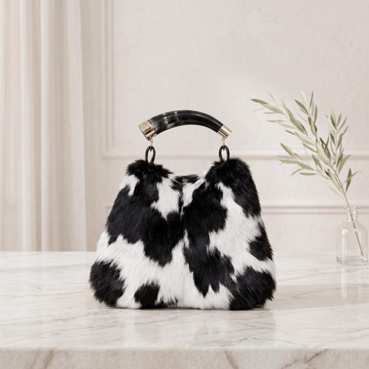 Natural Black & White Fluffy Hair-On Cowhide Leather Bag | Handmade Genuine Leather Handbag