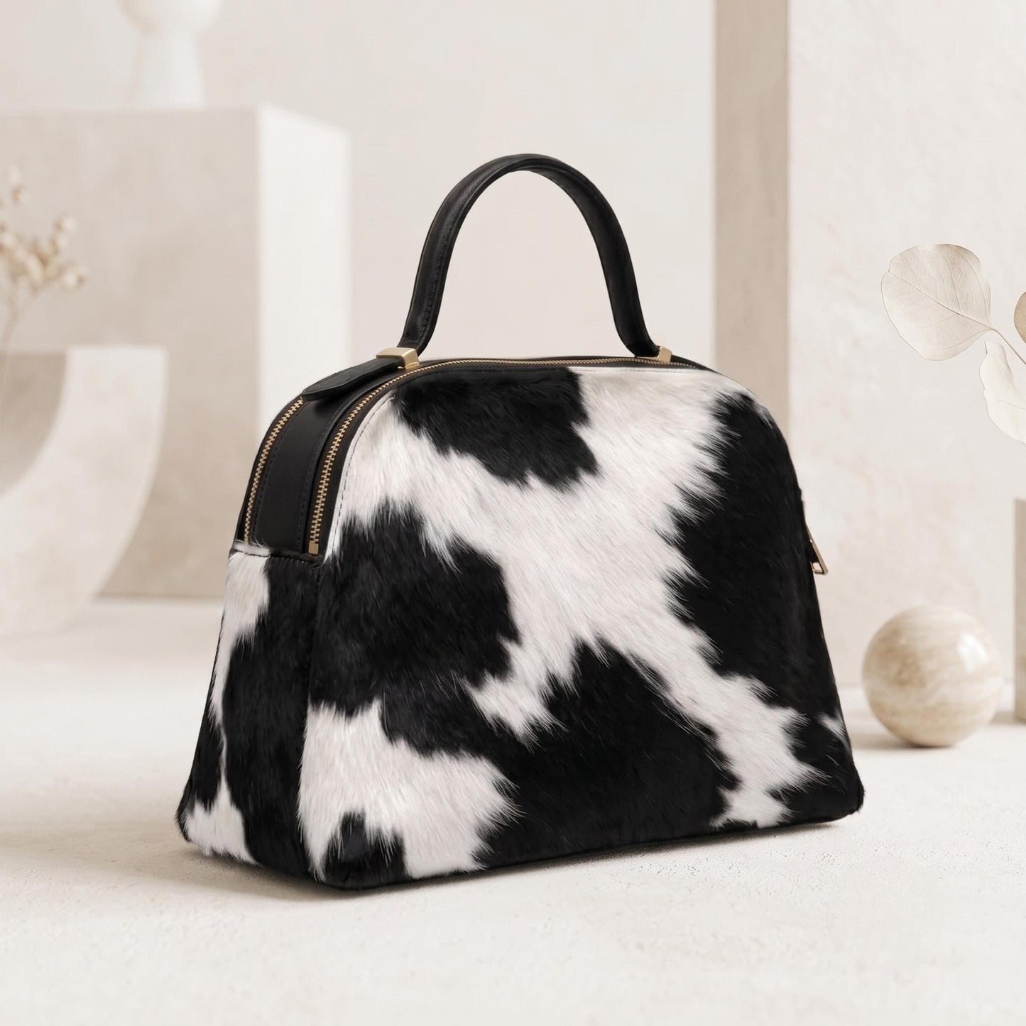 Natural Black & White Hair-On Cowhide Leather Handbag
