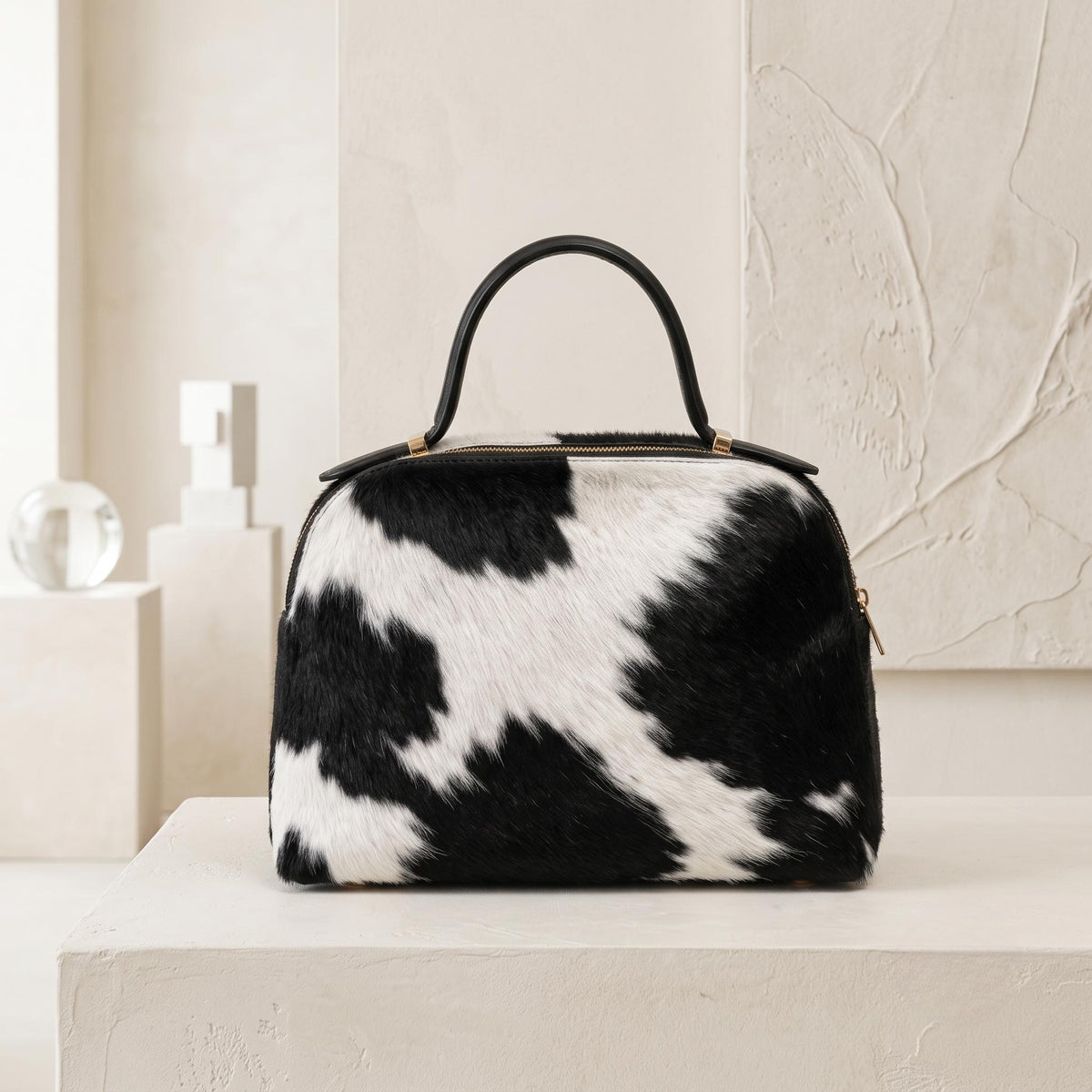Natural Black & White Hair-On Cowhide Leather Handbag