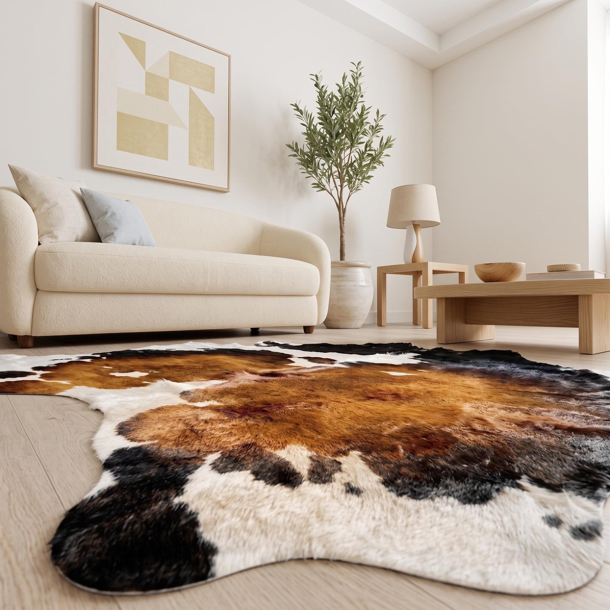 Natural Tricolor Black, Brown & White Cowhide Rug – Handmade Hair-On Cow Skin Area Rug