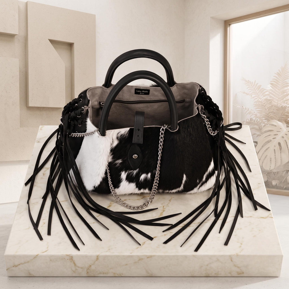 Natural Black & White Fringe Hair-On Cowhide Leather Bag